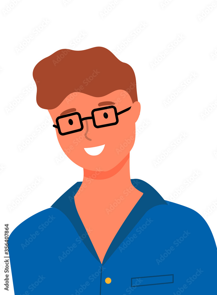 Handsome man in glasses isolated business character. Vector employee or entrepreneur in blue shirt, portrait view, photo of best worker of week or month Handsome man in glasses isolated business character. Vector employee or entrepreneur in blue shirt, portrait view, photo of best worker of week or month