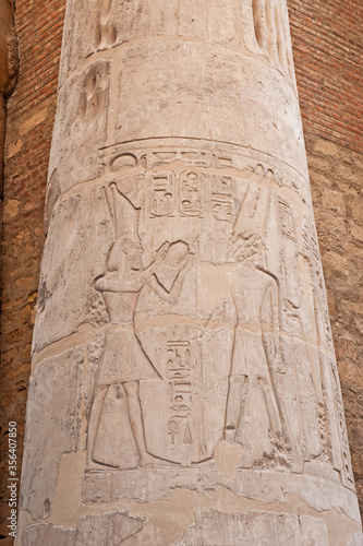 Hieroglyphic carvings on an ancient egyptian temple column