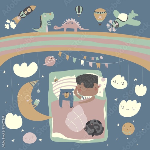 Little boy sleeping with teddy bear under the stars,rainbow and moon
