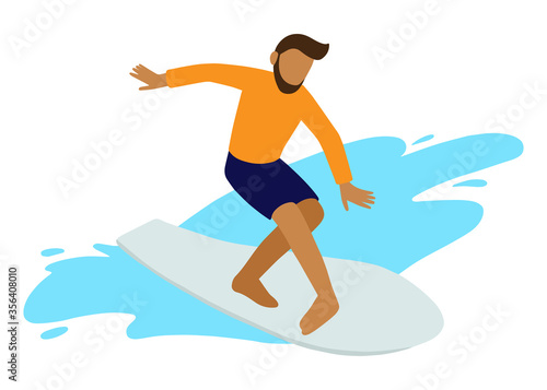 Flat illustration of a surfer. Vector summer illustration of a surfing man. Big waves. Colorful art for print  web  postrers. Active lifestyle.