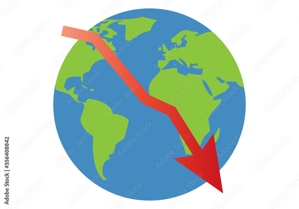 Planeta tierra con gráfica roja decreciendo por crisis.