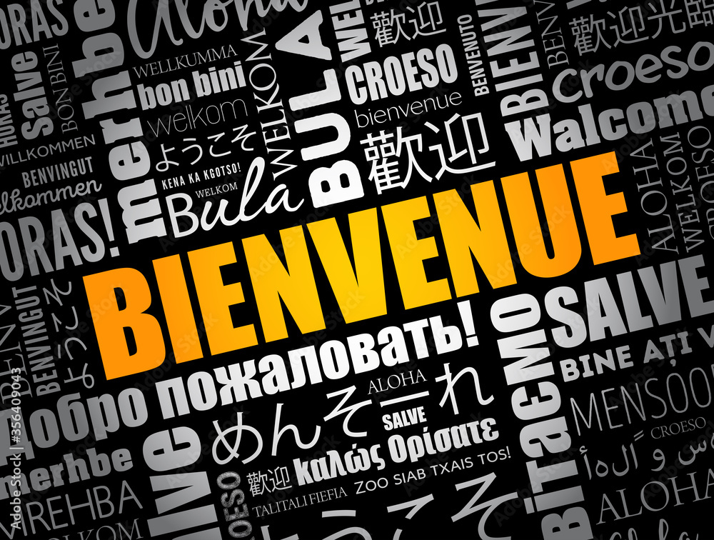Bienvenue (Welcome in French) word cloud in different languages
