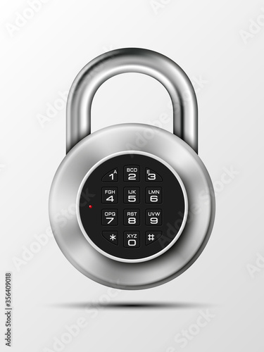 realistic closed padlock. Steel Mechanical Combination lock. Privacy padlock illustration. Enter the PIN code. Electronic lock icon. Reliable Protection padlock badge. Code combination symbol