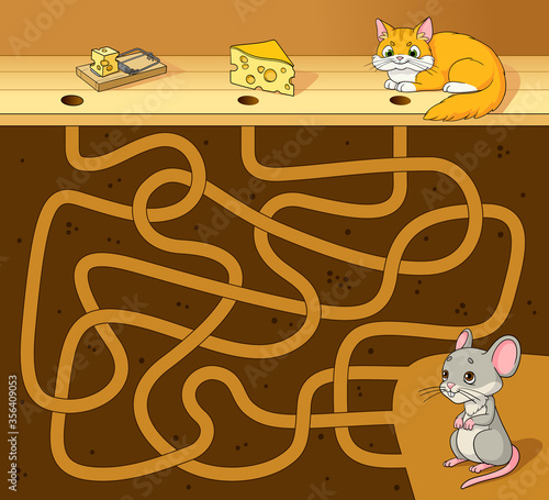 Help the cute mouse find the way to the cheese. Maze game for kids. Vector cartoon illustration. 