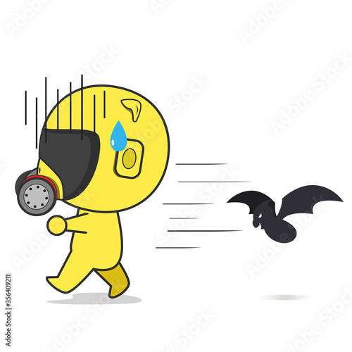 Human in respirator and protective clothing. human running away from a bat.