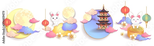 Mid autumn festival / Chinese festival with the moon, moon cake, cloud, pagoda, lantern, rabbits and flowers on white paper. Vector illustration