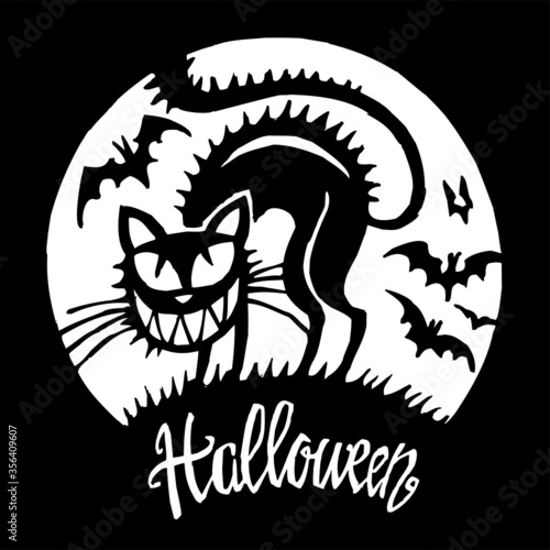 Black cat with crazy smile and flying bats in full moon light, halloween theme, scary black and white cartoon