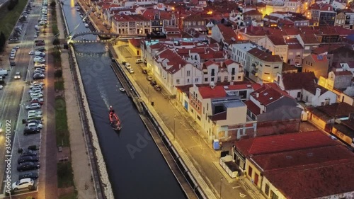 Aerial view of canal and  buildings in the city of  Aveiro, the Venice of Portugal. Drone View