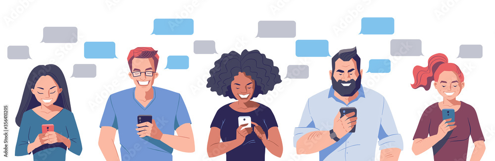 Diverse group of people chatting with smartphones. Speech bubble for text message. Social media networking concept banner. Vector characters illustration. Diverse group of people chatting with smartphones. Speech bubble for text message. Social media networking concept banner. Vector characters illustration.