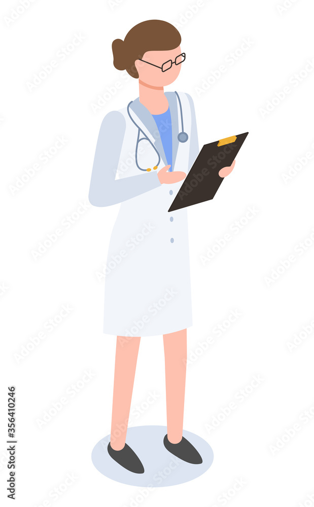Female doctor isolated on white background. Practitioner examine and consult people about illnesses and prescribe treatment. Person in white uniform, medical gown. Vector illustration in flat