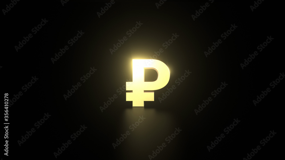 Ruble Golden lettering on a reflective floor with black background and space for text. Frontal Perspective. Ruble Golden lettering on a reflective floor with black background and space for text. Frontal Perspective.