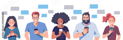Diverse group of people chatting with smartphones. Speech bubble for text message. Social media networking concept banner. Vector characters illustration.