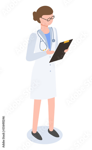 Female doctor isolated on white background. Practitioner examine and consult people about illnesses and prescribe treatment. Person in white uniform, medical gown. Vector illustration in flat