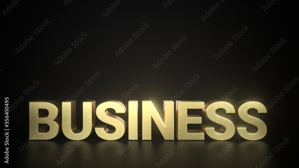 Business Golden lettering on a reflective floor with black background and space for text. Frontal Perspective.