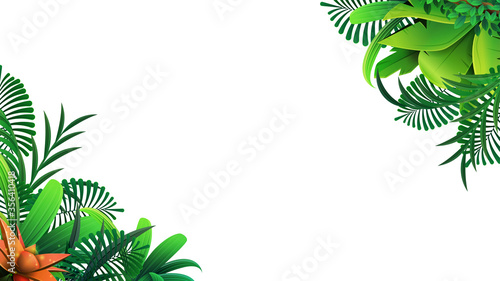 A frame of tropical leaves around a white empty space. Elegant backdrop decorated with foliage of exotic jungle plants. Natural frame or border. Vector illustration.