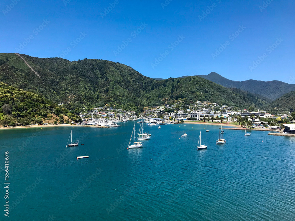 View from the ferry leaving Picton, New Zealand on a sunny day