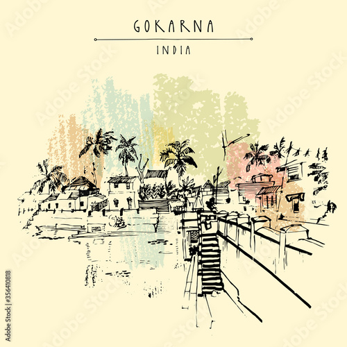 Holy lake in Gokarna village, Karnataka, India. Hand drawn cityscape sketch. Travel art. Vintage hand drawn book illustration, postcard or touristic poster in vector