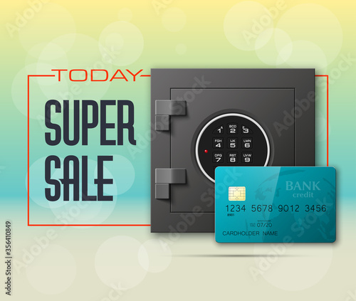 Credit card & Electronic lock picture. Bank door card & image combination lock front side banner. Plastic card & steel safe. Debit card & electromagnetic locking devices chip. Online payment banner