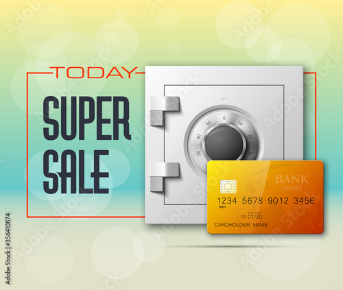 Credit card & Electronic lock picture. Bank door card & image combination lock front side banner. Plastic card & steel safe. Debit card & electromagnetic locking devices chip. Online payment banner