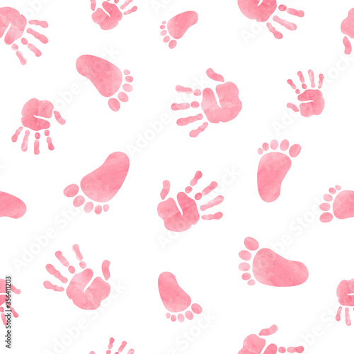 Seamless pattern with kids palm hand and foot prints. Baby shower watercolor vector illustration.