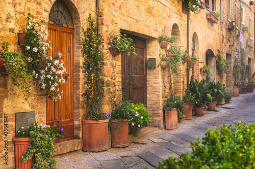 Sunny streets with colorful flowers with contrasting shades. Walk the Tuscan town © Jarek Pawlak