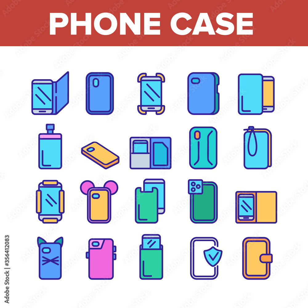 Phone Case Accessory Collection Icons Set Vector. Phone Protection Tool In Different Style, Glass Screen Protect And Waterproof Pouch Bag Color Illustrations