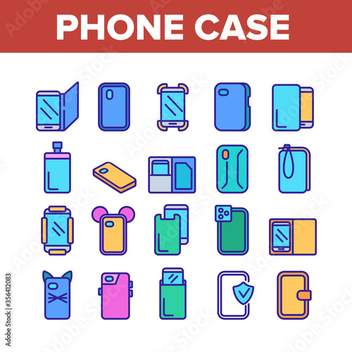 Phone Case Accessory Collection Icons Set Vector. Phone Protection Tool In Different Style  Glass Screen Protect And Waterproof Pouch Bag Color Illustrations