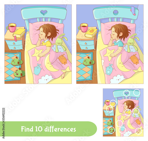 Sleeping cute baby girl. Find 10 differences. Educational game for children. Cartoon vector illustration. Pastel shades.