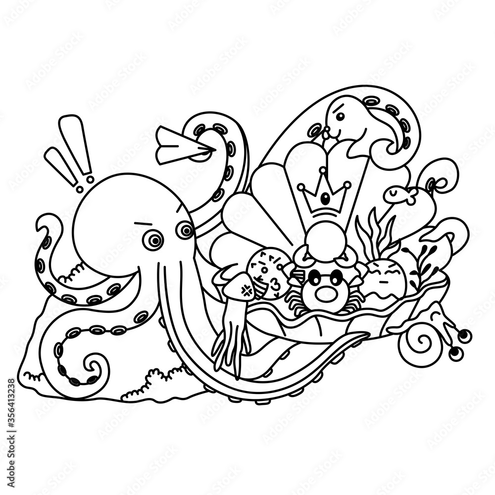 Obraz premium Octopus Underwater Doodle Illustration