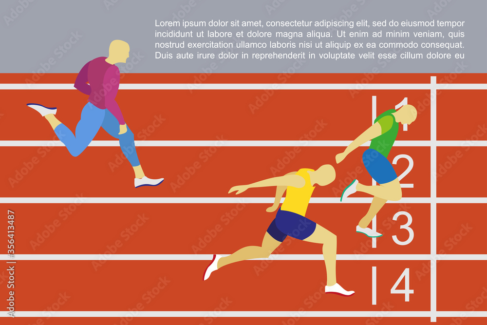 Obraz premium Running men profile picture. Hand drawn athletes runners in flat style art design illustrations. Sprinter sportsman runs to finish line drawing. Winner man wins the race on running track stadium