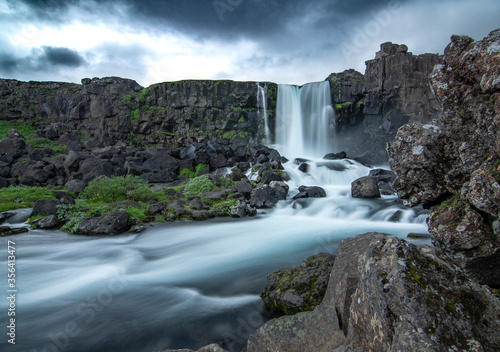 A composite shot of Oxararfoss waterfall in Thingvellir National Park Iceland  I image stacked 2 images to perfect the sharpness.