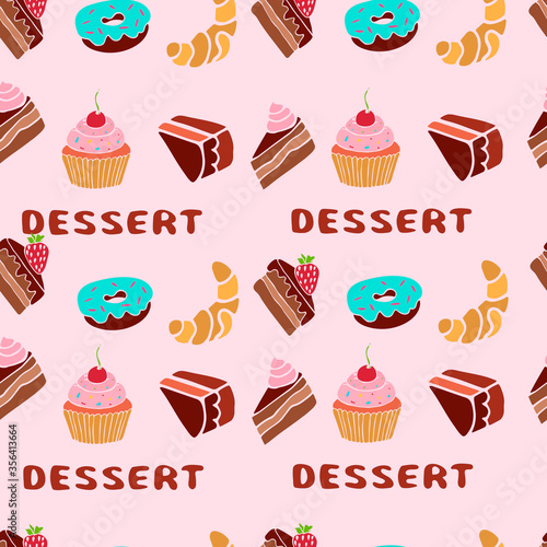 Lettering desserts donuts croissants cakes seamless pattern