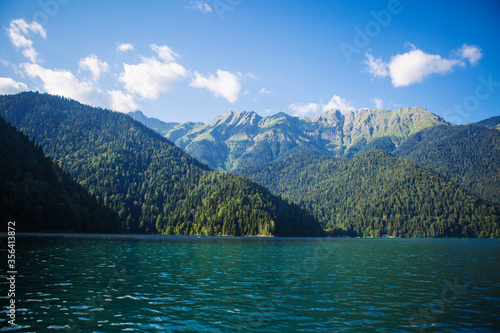 beautiful blue lake high in the mountains