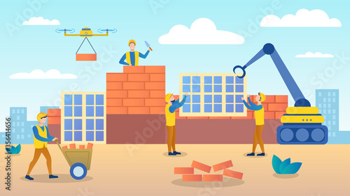 Professional builders in uniform building the house, attract new technologies for construction. Drone, unmanned aerial vehicle. Work process for construction. Vector illustration of flat cartoon