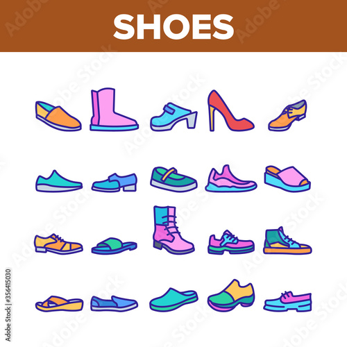 Shoes Footwear Shop Collection Icons Set Vector. Different Shoes Sneaker And Moccasin, Slippers And Boots, Toe And Loafer Color Illustrations