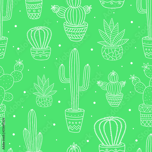 Hand drawn outline cactus seamless pattern. Vector illustration. 