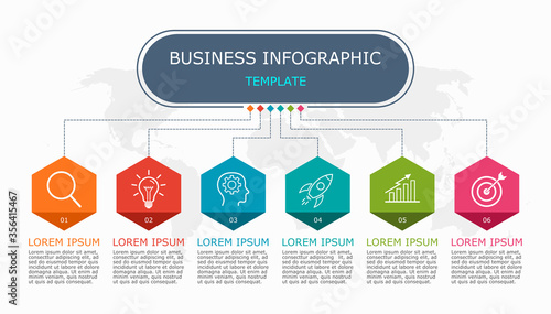 Business infographic Vector with 6 steps.Used for presentation,information,education,connection,marketing, project,strategy,technology,learn,brainstorm,creative,growth,abstract,idea,text,numbers,work.