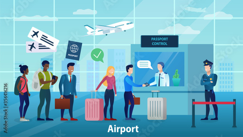 People of different races and nationalities are waiting in line for the passport control before departure. The officer checks the passport. Airport interior. Vacation time. Flat Vector Illustration