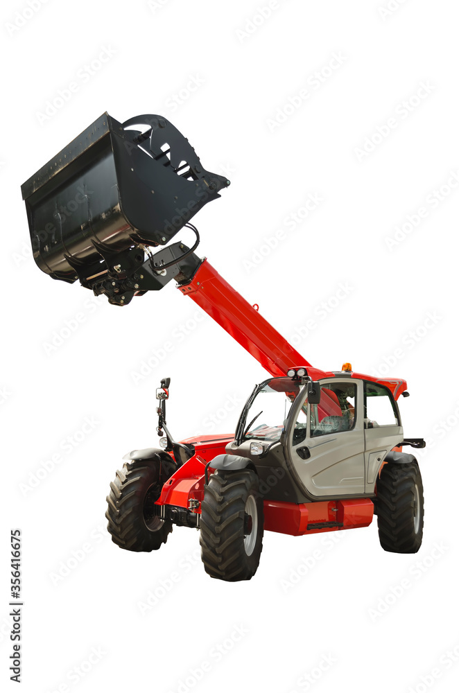 Agricultural telescopic handler intended for agricultural loading and unloading, isolated on a white background