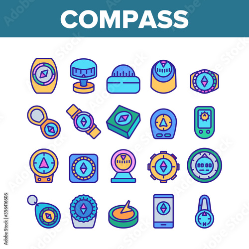 Compass Navigational Equipment Icons Set Vector. Compass Tool Application For Orienting Location And Direction Of Movement Color Illustrations