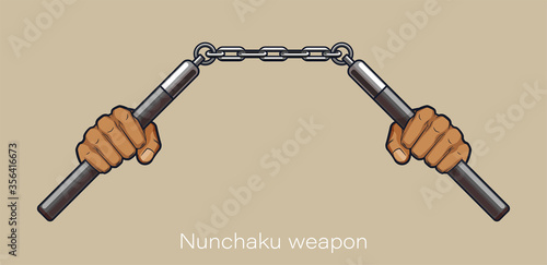Man's hands holding nunchucks Okinawan kobudo and karate banner. Man fists nunchaku traditional Okinawan martial arts cold weapon