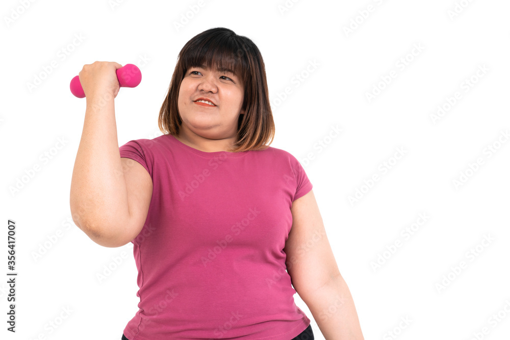 Overweight Asian woman sitting and holding dumbbells on isolated white background. Concept of diet, Health care, and exercise, workout Overweight Asian woman sitting and holding dumbbells on isolated white background. Concept of diet, Health care, and exercise, workout