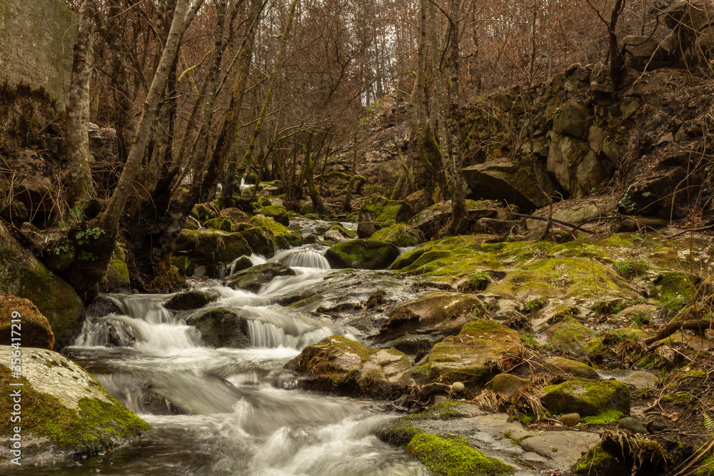 Small waterfall that descends between the rocks, behind a burnt forest, Portugal Small waterfall that descends between the rocks, behind a burnt forest, Portugal