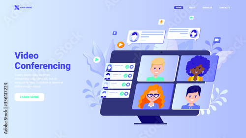 Flat video conferencing concept. Vector illustration with characters for landing page, hero image, web site, banner, print. Video chat with several people using application on desktop computer. 