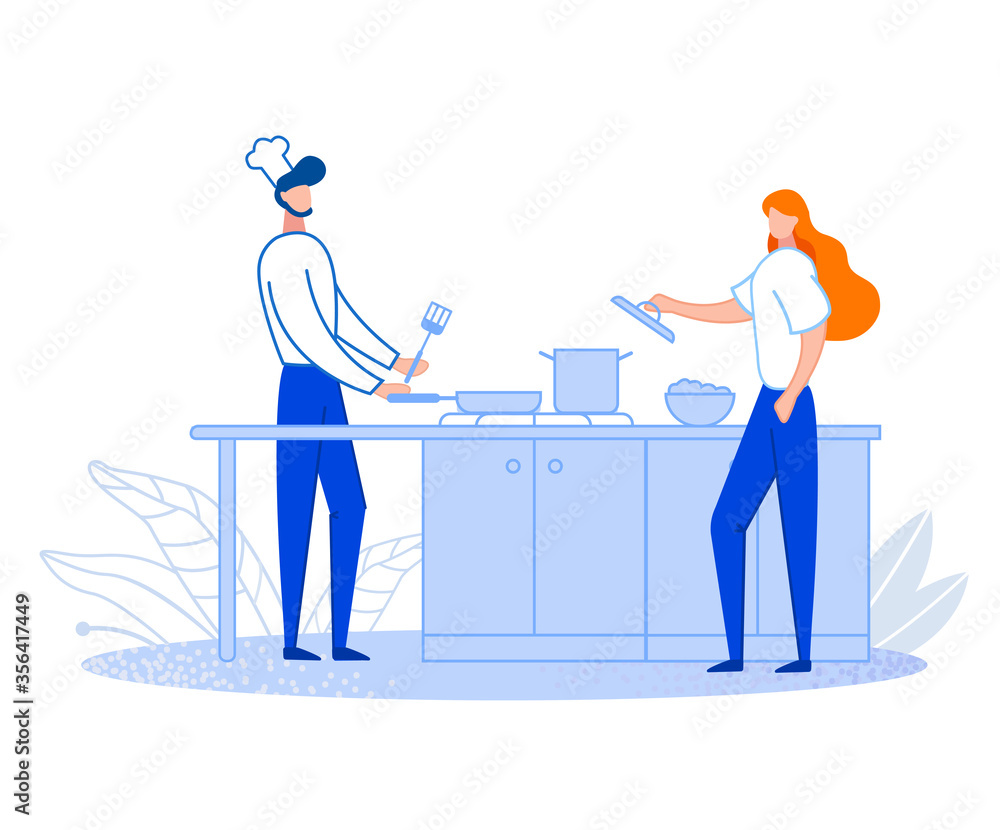 Cooking courses for beginners. The process of teaching a girl to cook. Housewife is studying. Chef explains the basics. Courses of a young wife for married life. Flat cartoon Vector Illustration.