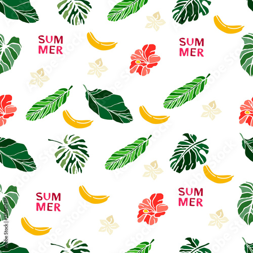 Seamless pattern colored text summer tropical leaves hibiscus photo