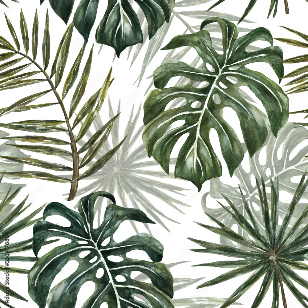 Fototapeta Watercolor tropical monstera and palm leaf seamless pattern. Exotic green plants and leaves repeat print on white background. Jungle forest hand drawn illustration. Summer botanical wallpaper.