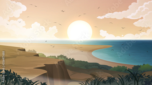 Sea coast landscape vector background. Sandy tropical beach with rocks and cliffs.