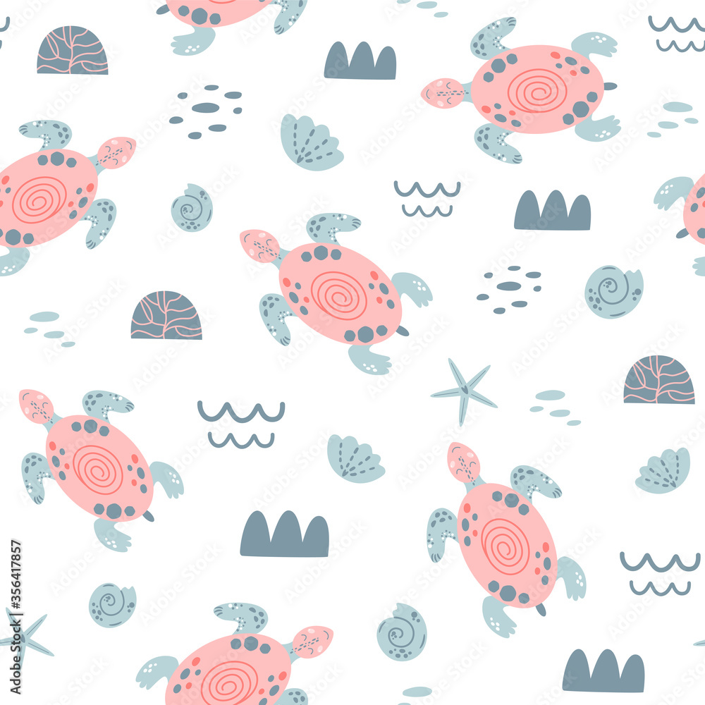Pink sea turtle seamless pattern Cute swimming pink turtles. Girls nautical pattern Sea animals. Sea background vector