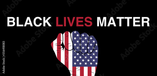 words black lives matter on black background with fist composed of american flag